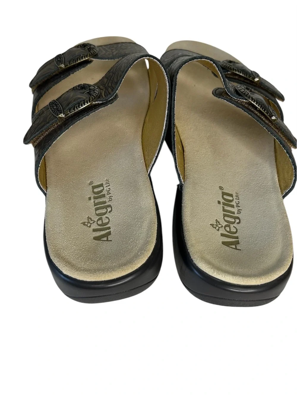 ALEGRIA PG Lite Women Sz 42 Jade Brown Embossed Leather Adjustable Slide Sandals